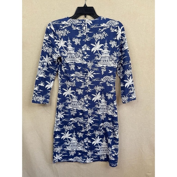 J.McLaughlin Sophia Dress Womens Blue White Tongsai Palms Print 3/4 Sleeve - Picture 3 of 10